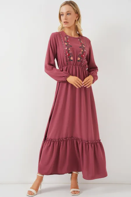 Robe longue hijab brodée pour femme 2550 - Rose