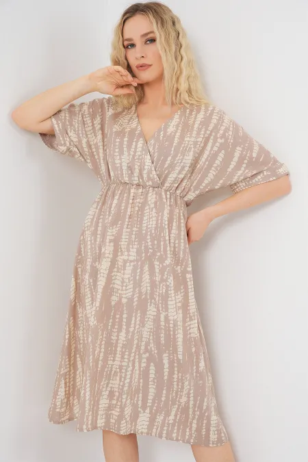 Women's Patterned Short Sleeve Dress 2569 - Beige