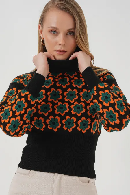 15801 Boğazlı Desenli Crop Kazak - Oranje