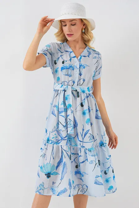 Women's Patterned Short Sleeve Dress 2558 - Blue
