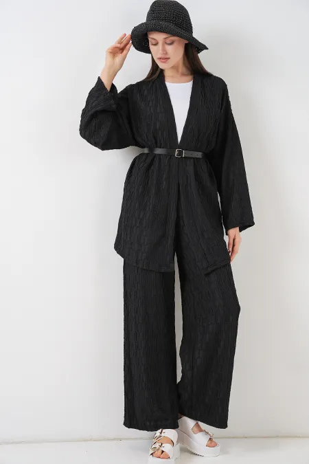 Kadın Kimono Pantolon İkili Takım 30078 - Siyah