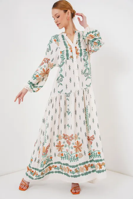 2423 Otantik Desenli Tesettür Elbise - Yeşil 10