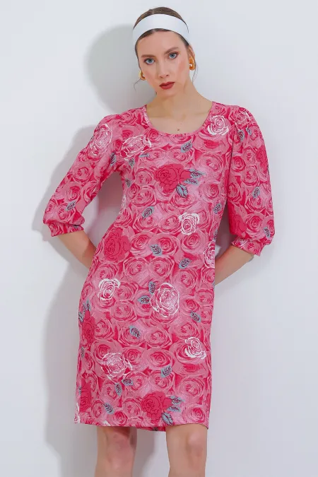 Robe midi pour femme à motif grenade et rose 2477