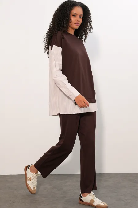 Women's Striped Woven Two-Piece Set 6750 - Brown Women's Striped Woven Two-Piece Set 6750 - Brown
