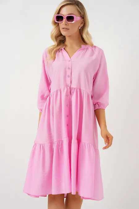Robe à manches courtes boutonnée pour femme 2559 - Rose
