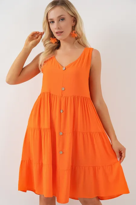 Kadın Sıfır Kol Düğmeli Kısa Elbise 2571 - Turuncu