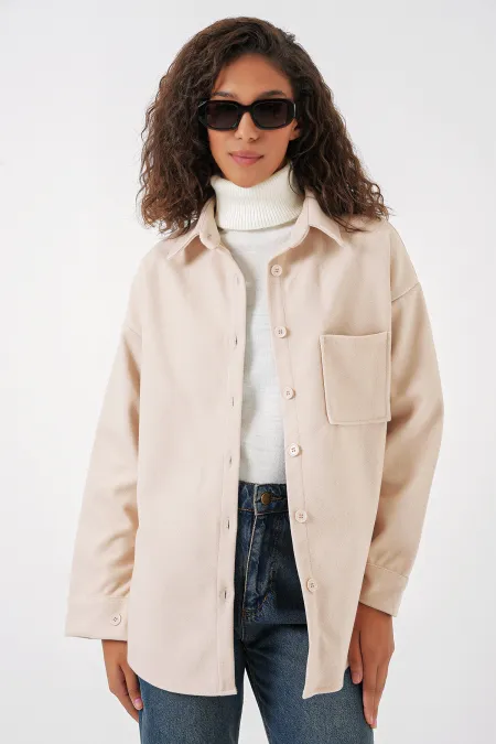 20273 Single Pocket Buttoned Cashmere Shirt - Cream