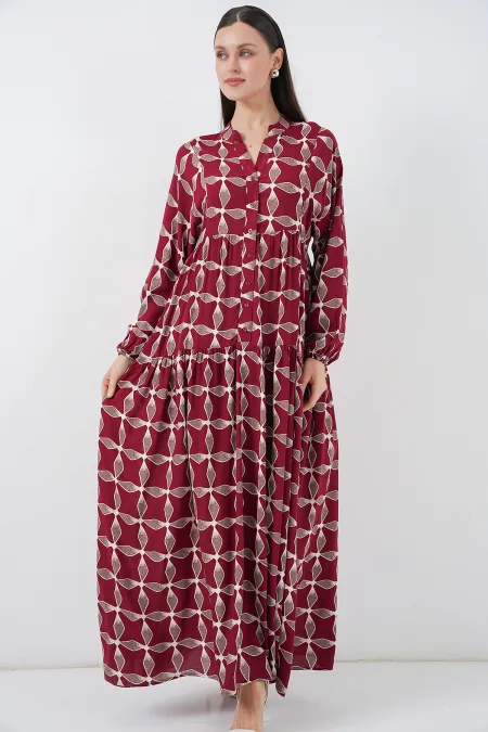 Women's Patterned Long Hijab Dress 2585 - F.Bordeaux