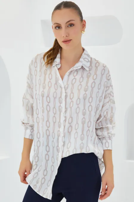 Chemise oversize en satin beige et blanc à motifs pour femme 3985