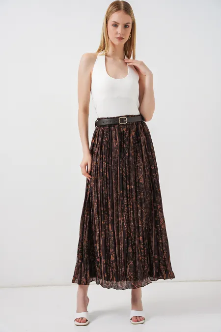 Kadın Kemerli Desenli Etek 8074 - Kahverengi