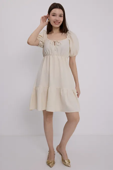 Robe évasée beige en lin pour femme 2351