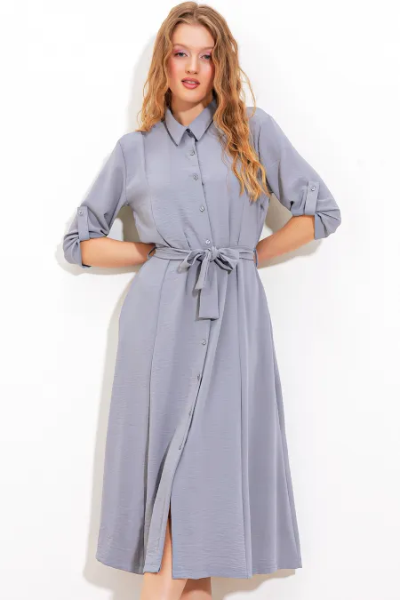 Robe-chemise grise ceinturée pour femme 2442