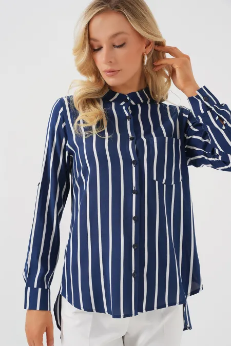 Chemise rayée à manches longues pour femme 20283 - Bleu marine clair