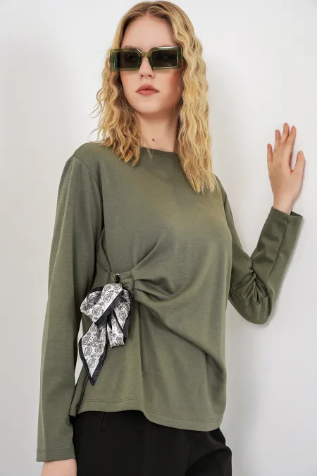 Kadın Fular Detaylu Uzun Kol Bluz 40000 - Haki