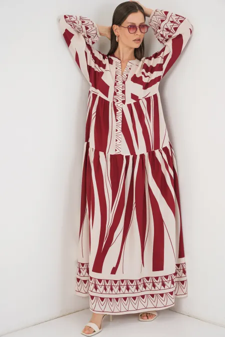Women's Patterned Long Hijab Dress 2585 - Burgundy