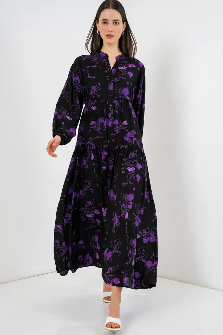 Kadın Desenli Uzun Tesettür Elbise 2585 - E.Siyah