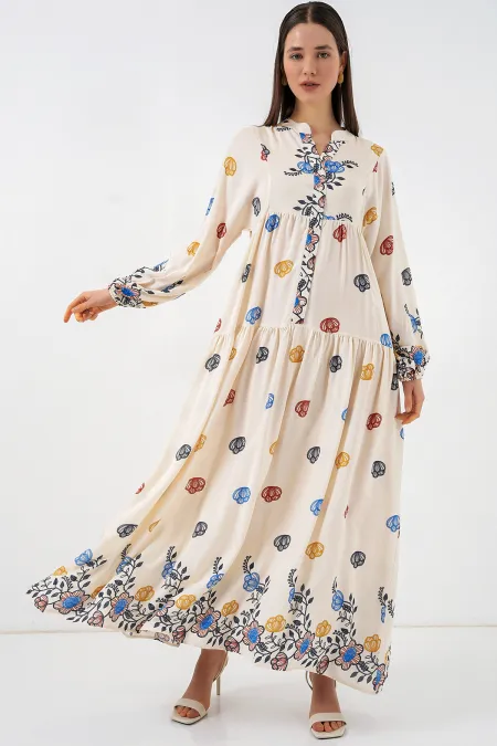 Women's Patterned Long Hijab Dress 2585 - Navy Blue 8