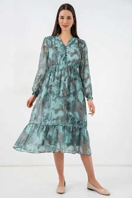 2137 Desenli Şifon Elbise - Mint Yeşili