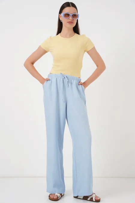 Women's Wide Leg Linen Trousers 6735 - Blue