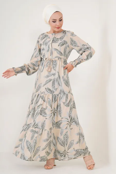 2145 Desenli Tesettür Elbise - Bej