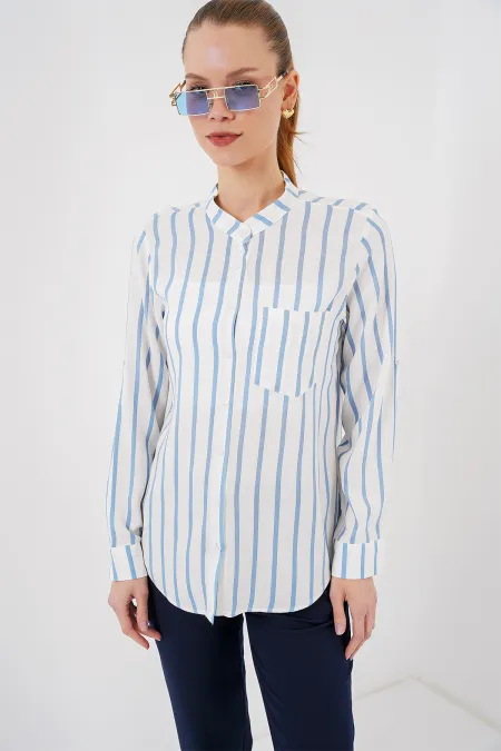 Kadın Uzun Kollu Çizgili Gömlek 20283 - Mavi