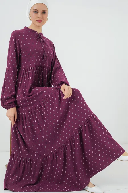 1627 Yaka Bağcıklı Tesettür Elbise - Çapa Mor