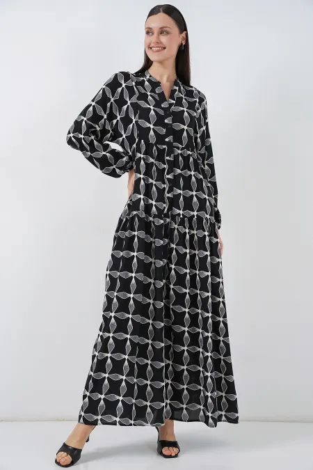 Women's Patterned Long Hijab Dress 2585 - Black1