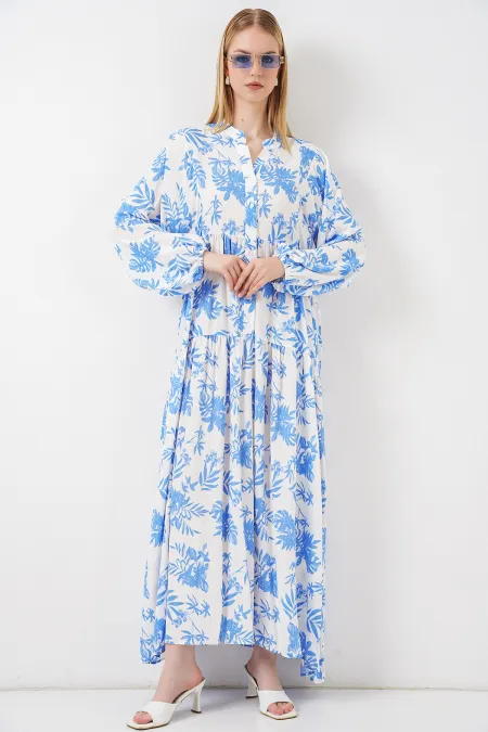 Women's Patterned Long Hijab Dress 2585 - Ice Blue
