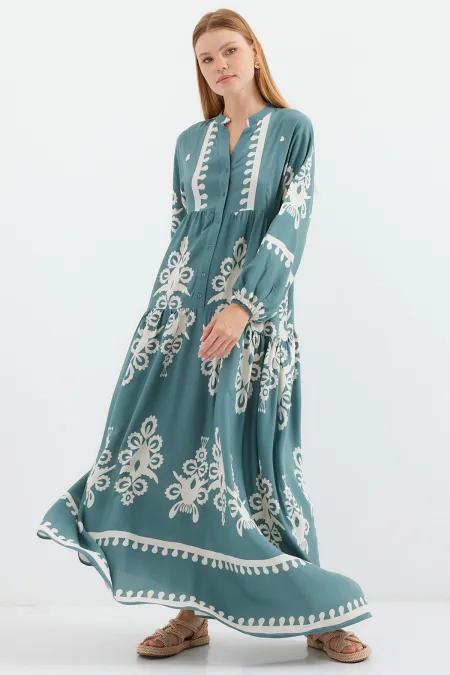 2423 Otantik Desenli Tesettür Elbise - F.Mint