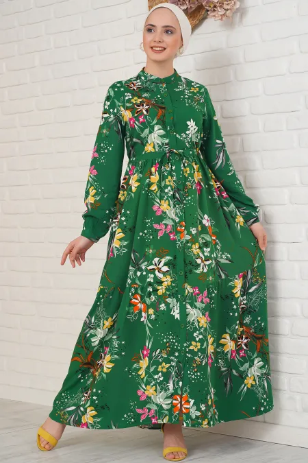 2144 Mandarin Collar Hijab Dress - Emerald Green