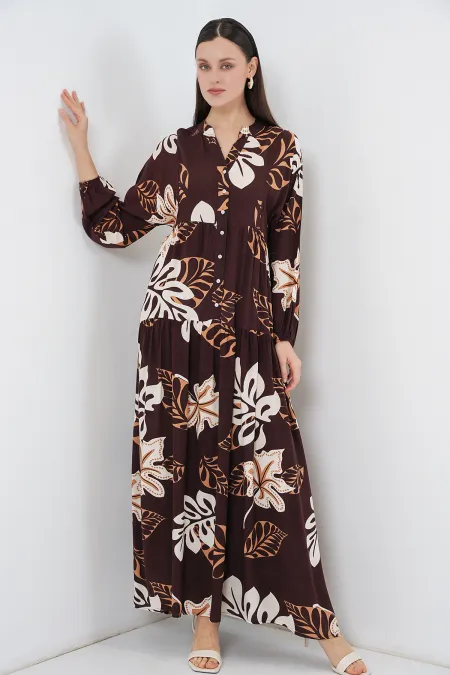 Women's Patterned Long Hijab Dress 2585 - Dark Brown
