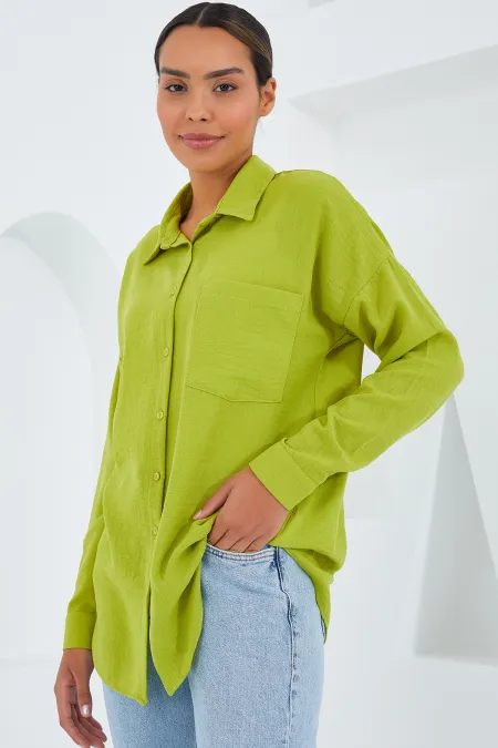 20153 Single Pocket Oversized Linen Shirt - Oil Green