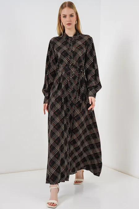 Kadın Boydan Düğmeli Uzun Tesettür Elbise 2588 - Siyah