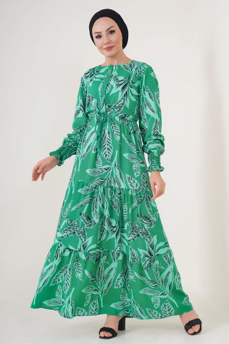 2145 Desenli Tesettür Elbise - Yeşil