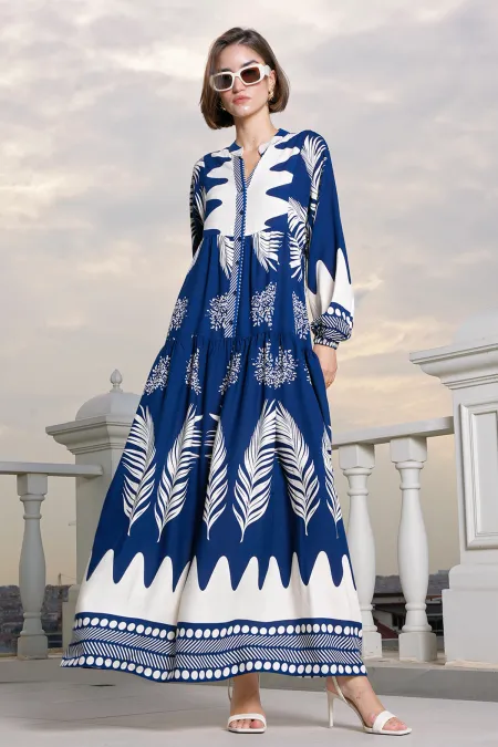 2423 Authentic Patterned Hijab Dress - M. Navy Blue