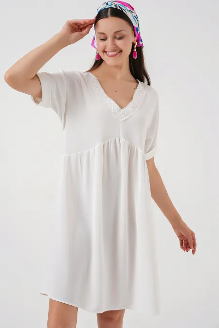 Women's V-Neck Short Sleeve Dress 2567 - White