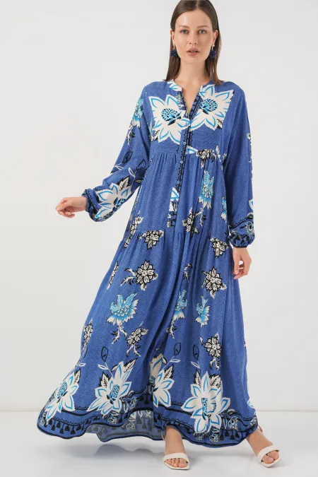 Women's Patterned Long Hijab Dress 2585 - Dark Blue