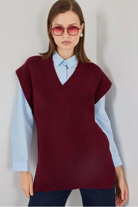 Women's V-Neck Knit Sweater 15925 - Burgundy
