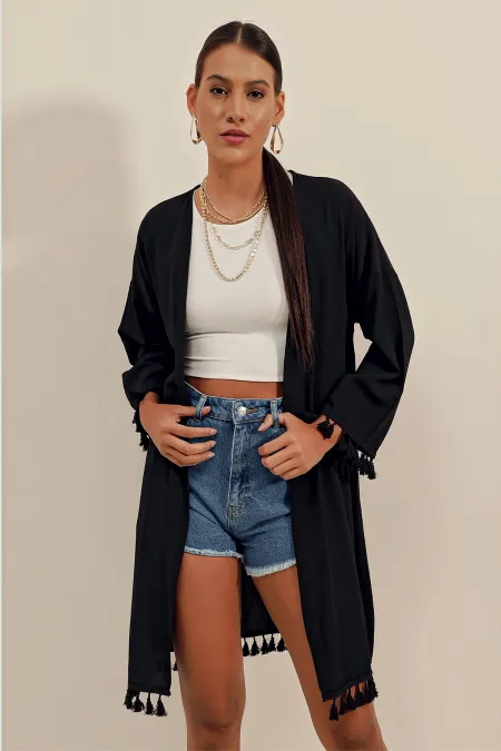 5833 Fırfırlı Kimono - Siyah