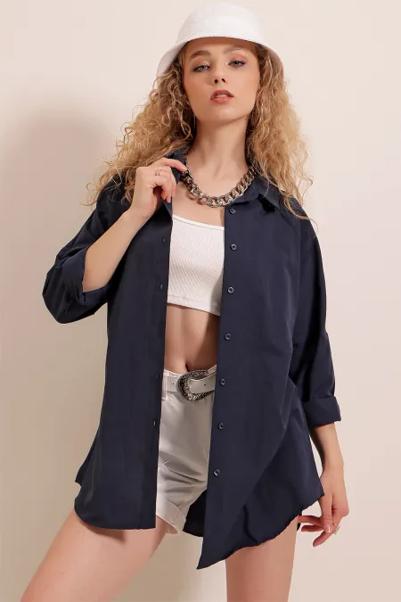 Chemise basique longue oversize 3900 - Bleu marine