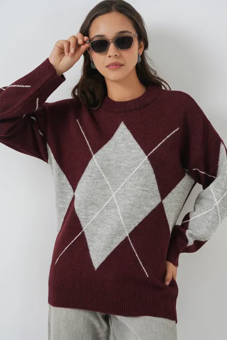 Pull oversize en maille à motif losanges 15895 - Rouge bordeaux