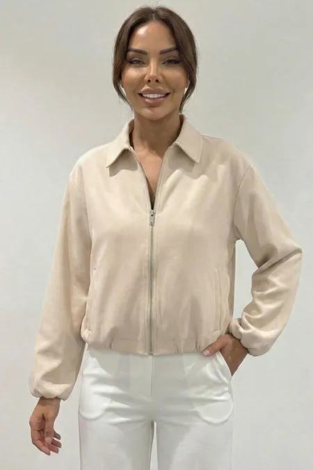 Kadın Oversize Fermuarlı Ceket 0735 - Krem