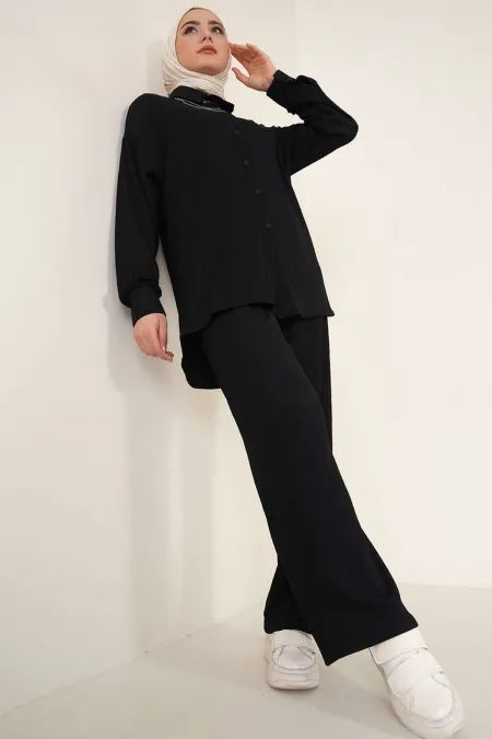 Ensemble deux pièces hijab tricoté T5858 - Noir