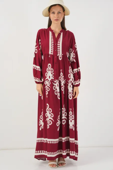 Women's Patterned Long Hijab Dress 2585 - A.Bordeaux