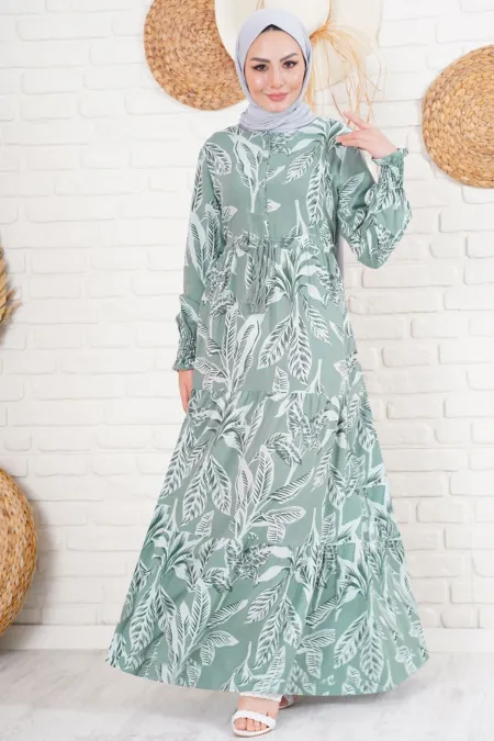 2145 Patterned Hijab Dress - Khaki
