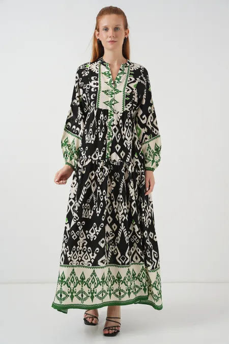 Robe longue hijab à motifs pour femme 2585 - Noir - Vert