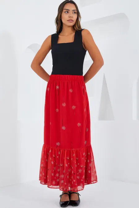 Jupe en mousseline rouge à motifs pour femme 8010