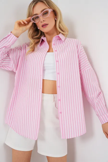 Kadın Çizgili Oversize Gömlek 20332 - Pudra