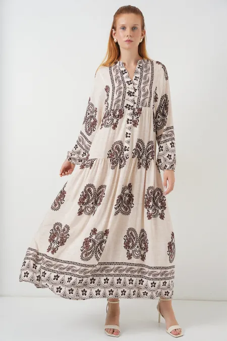 Women's Patterned Long Hijab Dress 2585 - M. Brown
