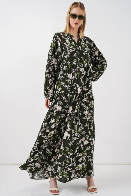 Women's Patterned Long Hijab Dress 2585 - Dark Khaki